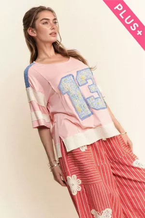 wholesale clothing plus 13 patch multi fabric short sleeve knit top davi & dani