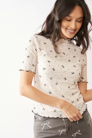 wholesale clothing ribbon bow lace short sleeve mesh lace top davi & dani