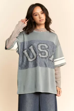 wholesale clothing usa latter short sleeve knit varsity inspired top davi & dani
