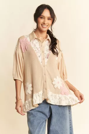wholesale clothing flower patch button shirt lace short sleeve top davi & dani