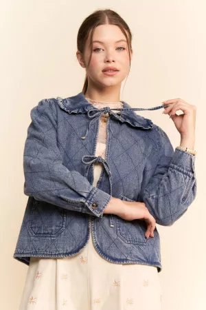 wholesale clothing washed quilted denim ruffle collar jacket davi & dani