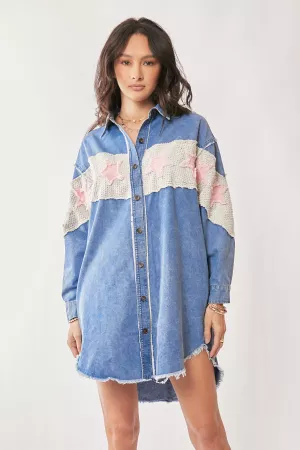 wholesale clothing acid washed denim star patch detail shirt dress davi & dani