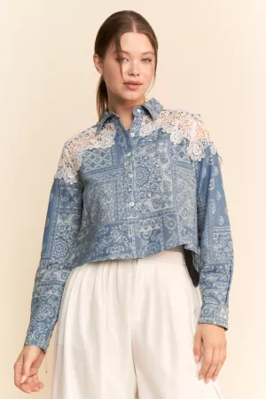 wholesale clothing long sleeve bandana style print button up shirt davi & dani