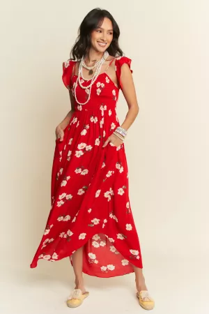 wholesale clothing floral print ruffled  smocked bodice maxi dress davi & dani