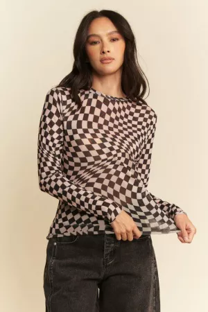 wholesale clothing checker board mesh long sleeve layering top davi & dani