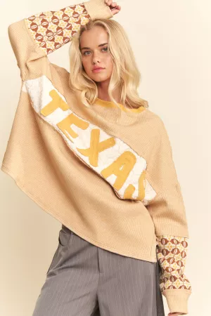 wholesale clothing texas lettering patch waffle knit pull over top davi & dani