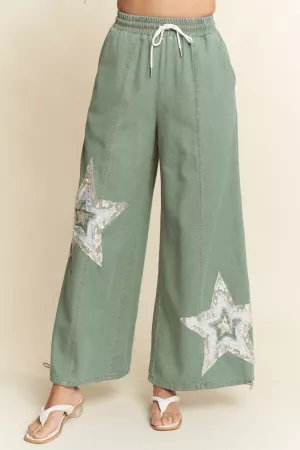 wholesale clothing denim star patchwork elastic waistband pants davi & dani