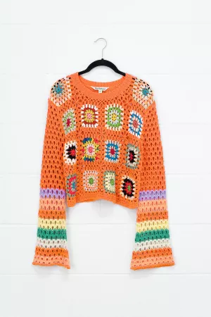 wholesale clothing floral crochet striped sleeve cropped knit sweater davi & dani