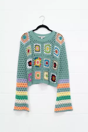 wholesale clothing floral crochet striped sleeve cropped knit sweater davi & dani