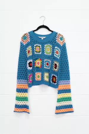 wholesale clothing floral crochet striped sleeve cropped knit sweater davi & dani