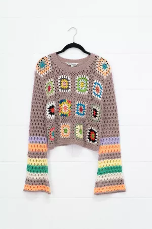 wholesale clothing floral crochet striped sleeve cropped knit sweater davi & dani