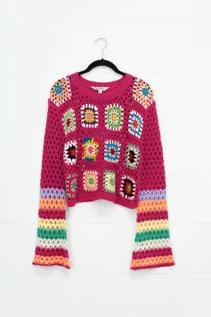 wholesale clothing floral crochet striped sleeve cropped knit sweater davi & dani