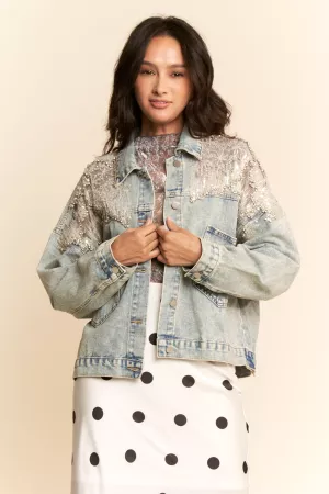 wholesale clothing mesh stitching button down denim jacket davi & dani