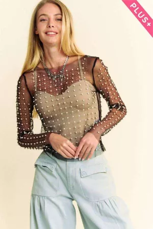 wholesale clothing plus bead pearl embellished long sleeves mesh top davi & dani