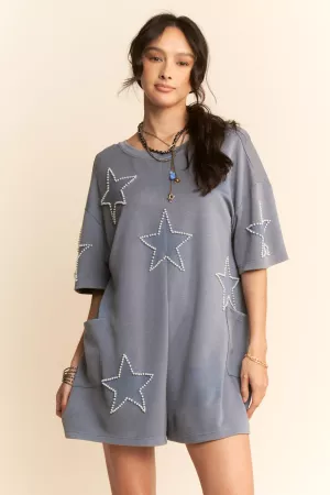 wholesale clothing soft knit star patch washed pearl detail romper davi & dani