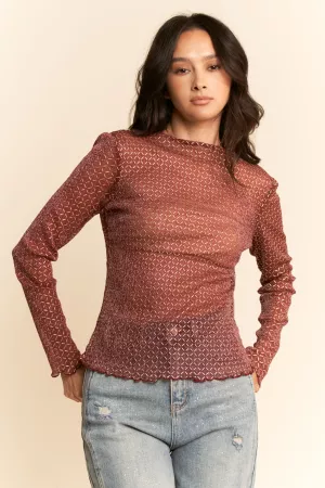 wholesale clothing textured diamond sheer mesh long sleeve top davi & dani