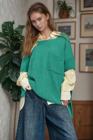 wholesale clothing solid round neck midi sleeve loose top sweater davi & dani