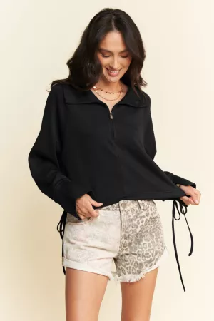 wholesale clothing solid long sleeve zip front mock neck cropped top davi & dani