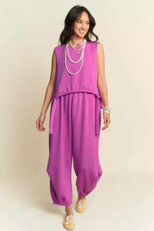 wholesale clothing solid crew neck cinch tie top waistband pants set davi & dani