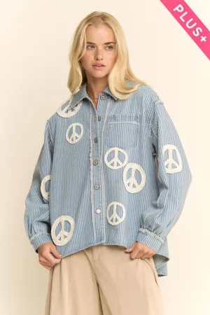 wholesale clothing plus peace patched stripe denim shirt top shacket davi & dani