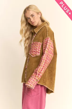 wholesale clothing plus washed corduroy tweed pocket shirt jacket davi & dani