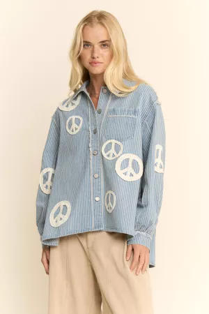 wholesale clothing peace patched striped denim shirt top shacket davi & dani
