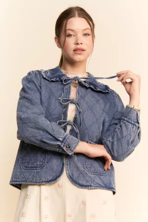 wholesale clothing washed quilted denim ruffle collar jacket davi & dani