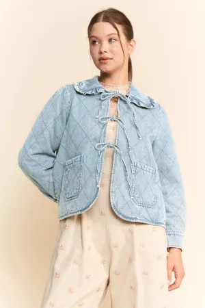 wholesale clothing washed quilted denim ruffle collar jacket davi & dani