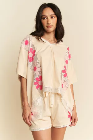 wholesale clothing floral patchworj detail short sleeve top davi & dani