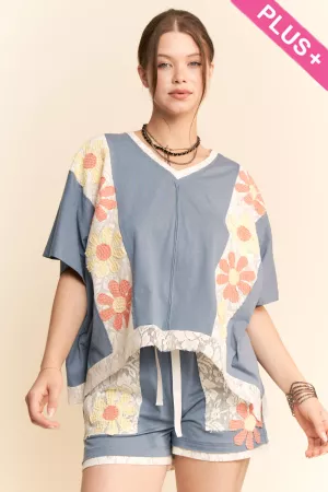 wholesale clothing plus floral patchworj detail short sleeve top davi & dani