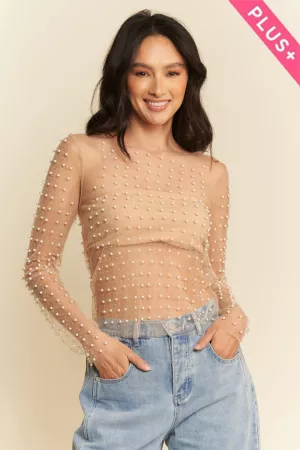 wholesale clothing plus bead pearl embellished long sleeves mesh top davi & dani