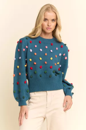 wholesale clothing rainbow pompom mock neck long sleeve sweater top davi & dani
