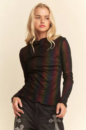 wholesale clothing metallic ribbed mock neck mesh top davi & dani