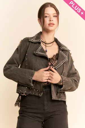 wholesale clothing plus rhinestone zip up denim lapel collar jacket davi & dani