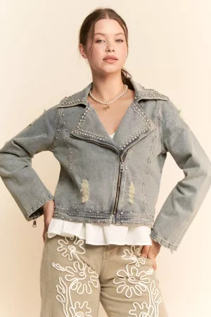 wholesale clothing rhinestone long sleeve zip up denim jacket davi & dani