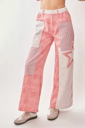 wholesale clothing floral stripe denim mixed star patch washed pants davi & dani