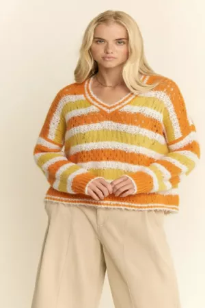 wholesale clothing multi texture striped open knit v neck sweater davi & dani