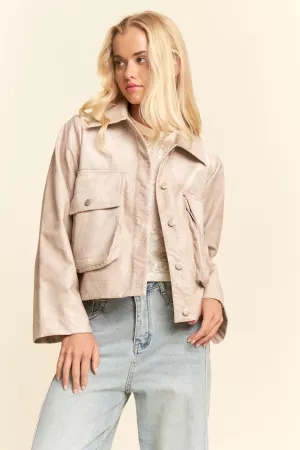 wholesale clothing washed faux leather chest pocket open jacket davi & dani