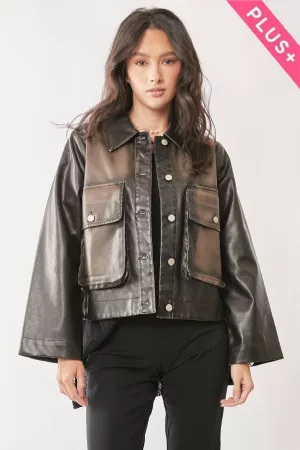 wholesale clothing plus washed faux leather chest pocket open jacket davi & dani