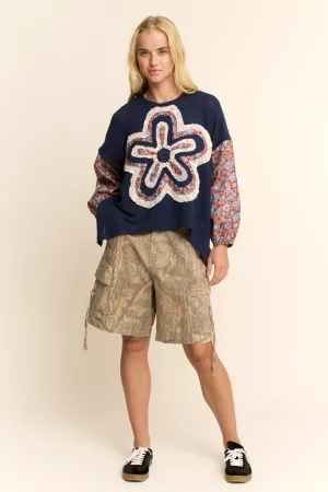 wholesale clothing waffle knit multi-flower print sleeves top davi & dani