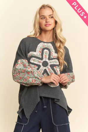 wholesale clothing plus waffle knit multi-flower print sleeves top davi & dani