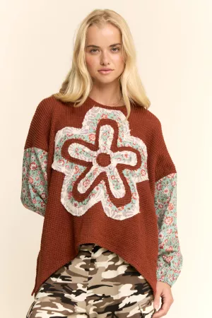 wholesale clothing waffle knit multi-flower print sleeves top davi & dani