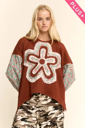 wholesale clothing plus waffle knit multi-flower print sleeves top davi & dani