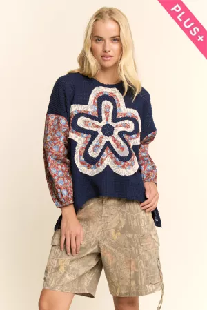 wholesale clothing plus waffle knit multi-flower print sleeves top davi & dani
