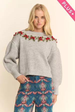 wholesale clothing plus holly wreth patterned balloon sleeve sweater davi & dani