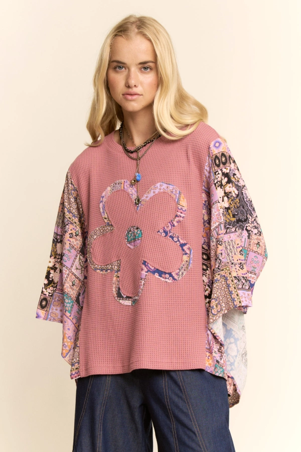 wholesale clothing batwing kimono sleeve stone peace patchwork top davi & dani