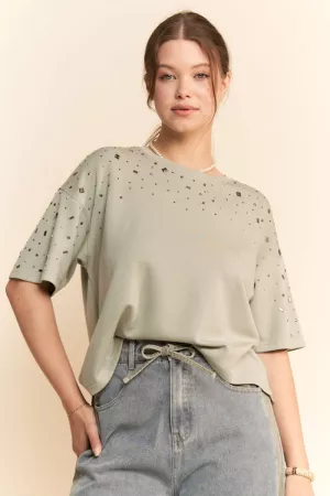 wholesale clothing hotfix studded short sleeve loose fit top davi & dani