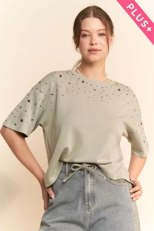 wholesale clothing plus hotfix studded short sleeve loose fit top davi & dani