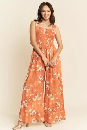 wholesale clothing floral ruffle square neck smocking bodice jumpsuit davi & dani