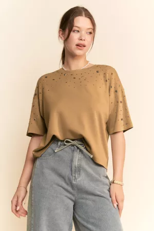 wholesale clothing hotfix studded short sleeve loose fit top davi & dani